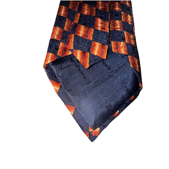 Ermenegildo Zenga Men’s Navy Orange Geometric Squares 100% Silk 4” Italian EUC - Picture 5 of 7